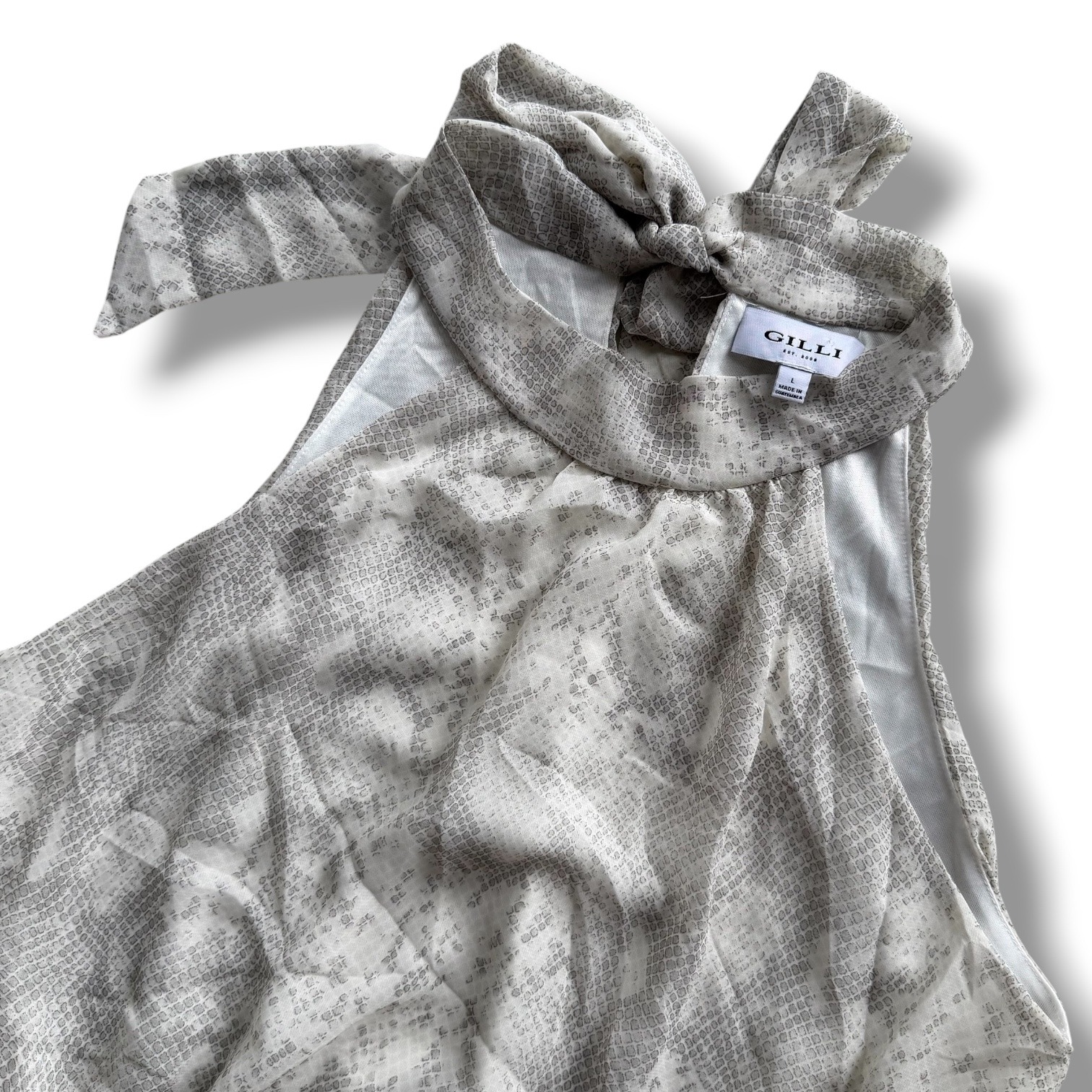 Gilli Women's L Gray White Snakeskin Halter Neck Peplum Tie Back Tank Top Preppy